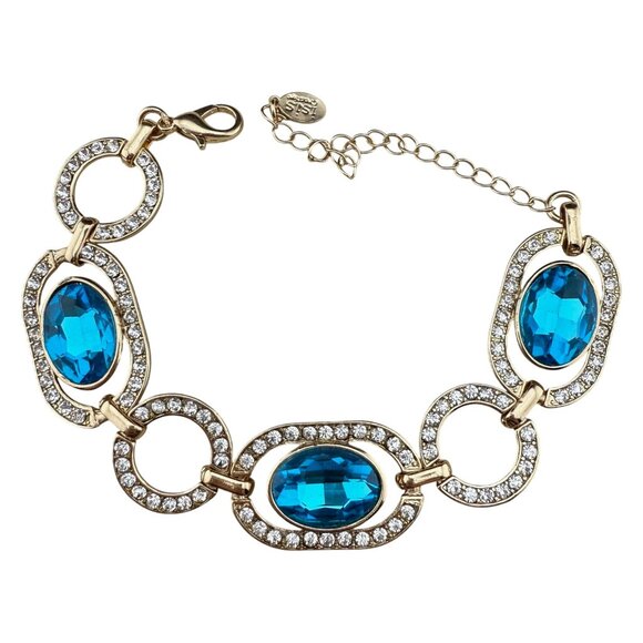 Gold-Tone Crystal Bracelet With Blue Glass Stones & Linked Oval Design By Isis C - Picture 1 of 7